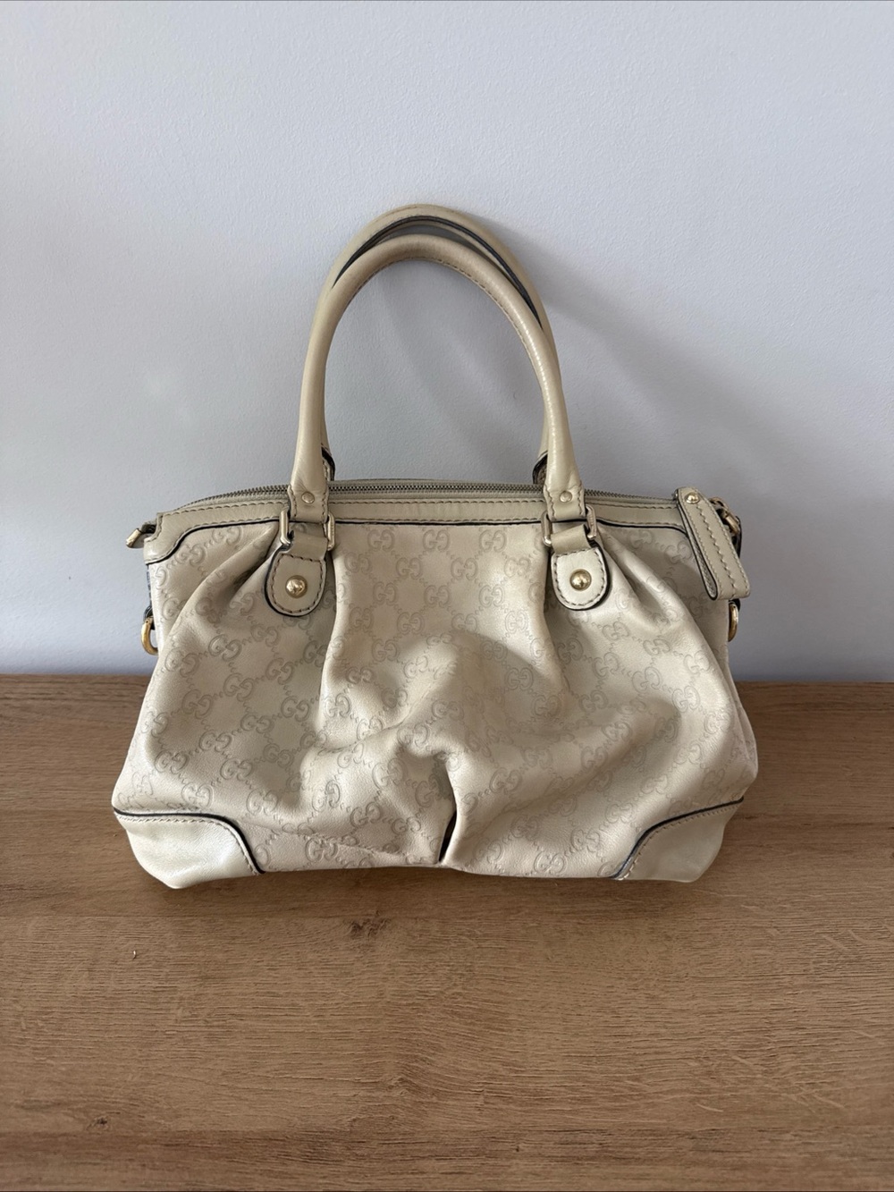 Gucci Beige GG Monogram Guccissima Sukey Leather Satchel
